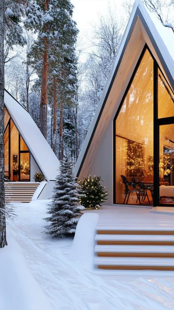 Cozy A-frame cabins in snowy forest with warm lighting and decorated trees, perfect for a winter retreat.