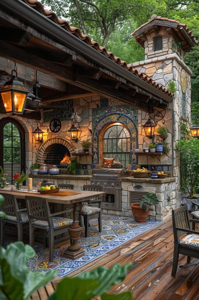 Charming outdoor kitchen with stonework, grill, dining area, and colorful tiles, surrounded by lush greenery.