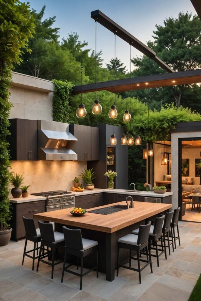 Modern outdoor kitchen with wooden island, pendant lights, and lush greenery, perfect for entertaining.