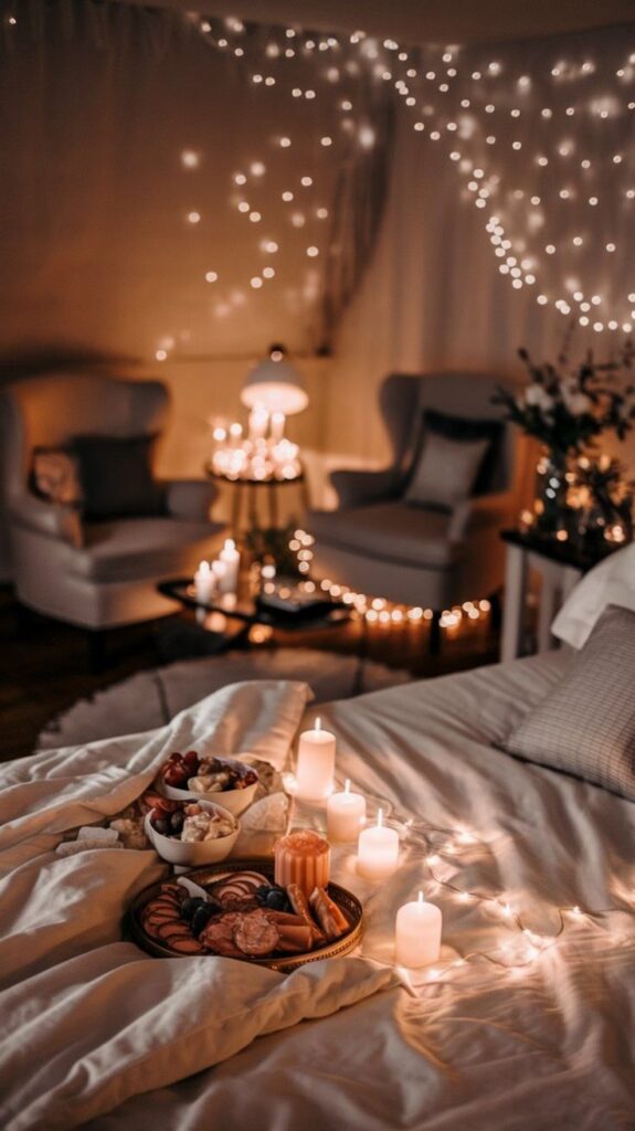 Cozy bedroom with glowing candles, fairy lights, and snacks on a bed, creating a warm and inviting ambiance.