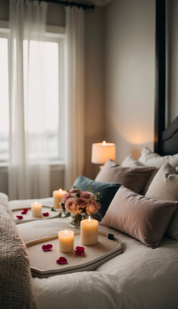 Cozy bedroom with candles, roses, and plush pillows on a bed, creating a serene and romantic atmosphere.