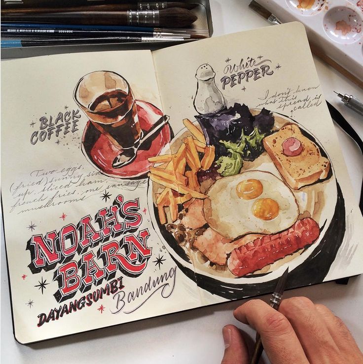 Illustrated breakfast platter with coffee and text Noah's Barn, Dayangsumbi, Bandung in a sketchbook.