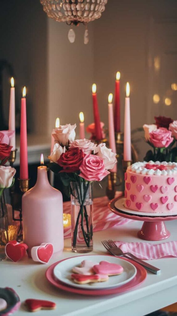 Romantic Valentine's Day table with pink cake, heart cookies, roses, and candles.