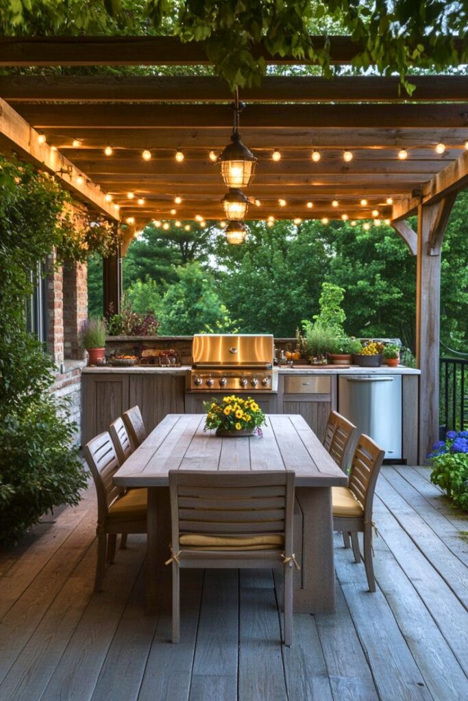 Outdoor dining area with wooden pergola, string lights, and a grill in a lush garden setting.