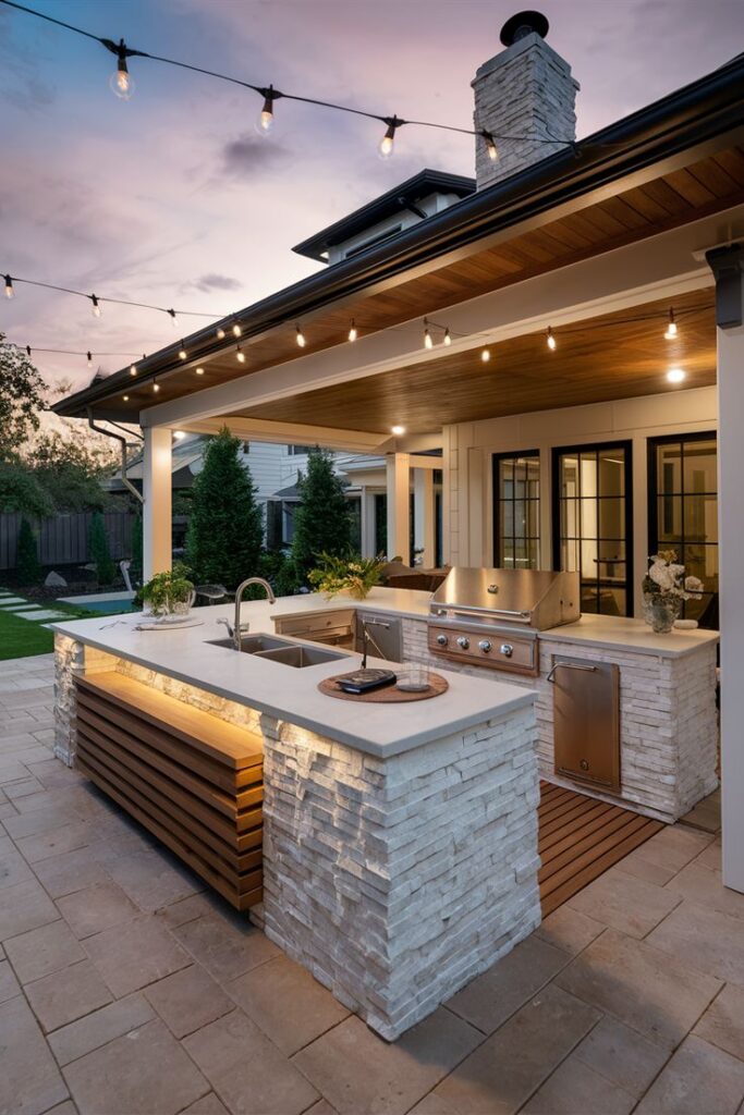 Outdoor patio kitchen with grill, stone counters, and string lights at sunset, offering a cozy entertainment space.