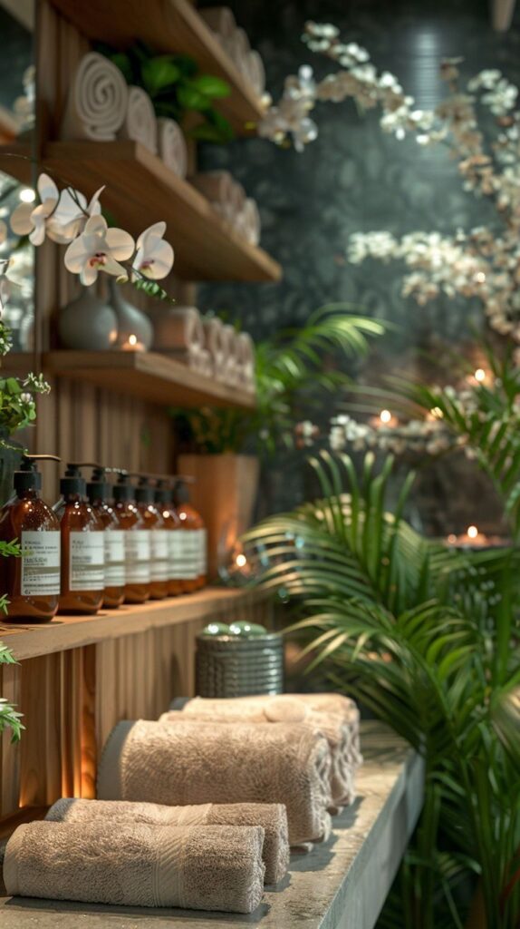 Spa interior with rolled towels, skincare products, and orchids, creating a tranquil and inviting atmosphere.