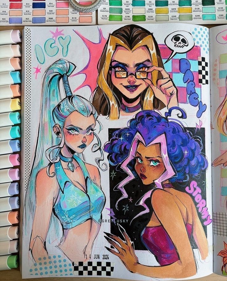 Colorful character illustrations with vibrant hairstyles and outfits, labeled Icy, Darcy, Stormy. Art markers surround the images.