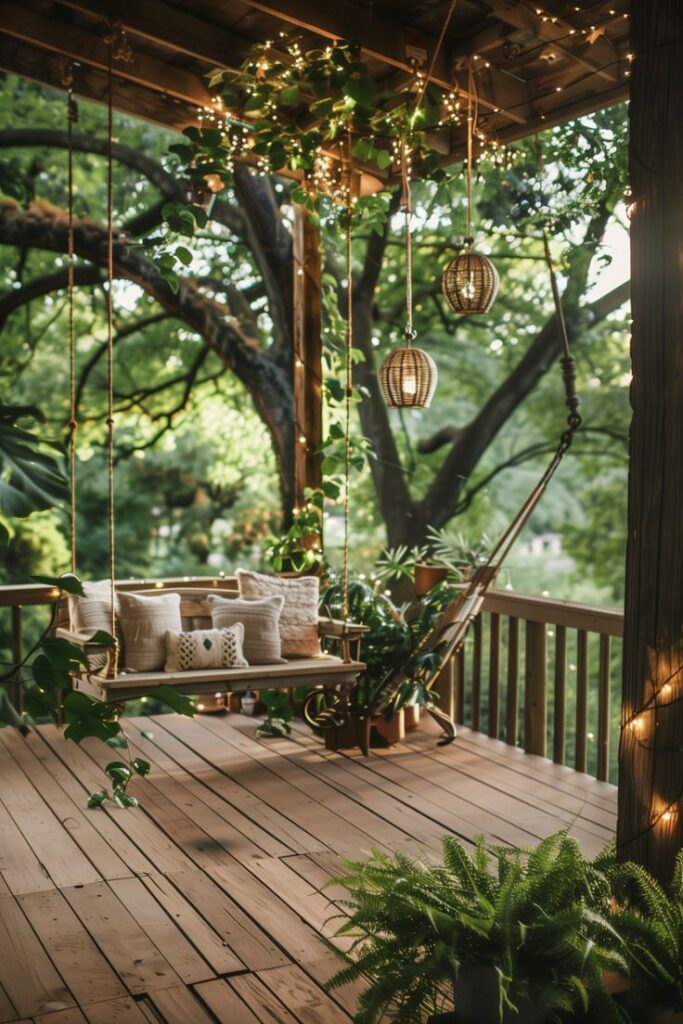 Cozy porch with wooden swing, hanging lanterns, plants, and fairy lights, surrounded by lush green trees.