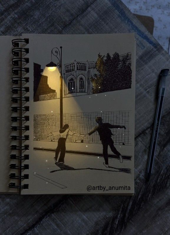 Sketch of a couple dancing under a streetlamp on a notebook page, with shadows adding depth and charm.