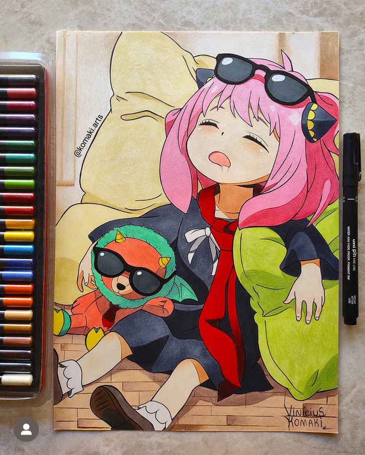 Anime girl with pink hair sleeping with stuffed toy and colored pencils nearby. Cute art by Komaki Arts.