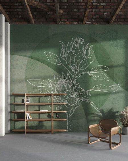 Modern interior with floral mural, wooden shelves, and chair against a rustic green wall with a large flower design.