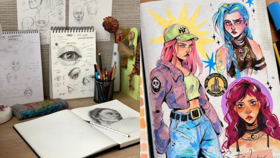 Art desk with sketchpads featuring character designs and facial drawings. Colorful illustrations and sketches displayed.