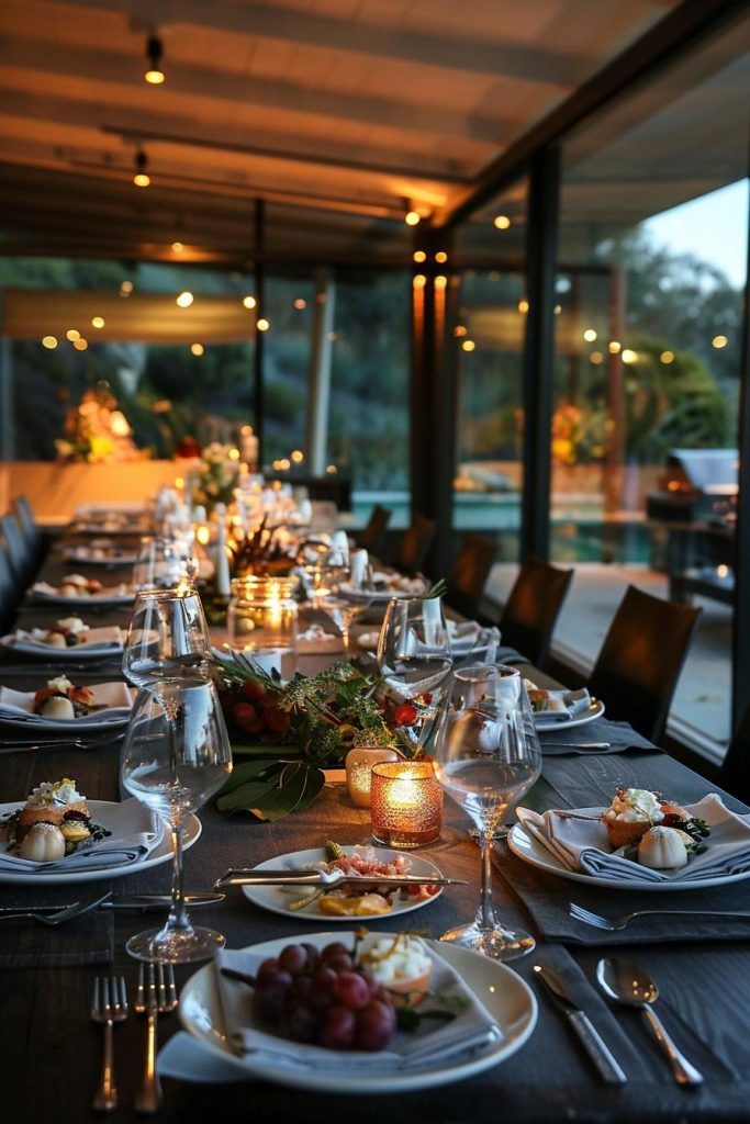 Elegant dinner table setting with candles and gourmet plates in a cozy, ambient-lit dining room.