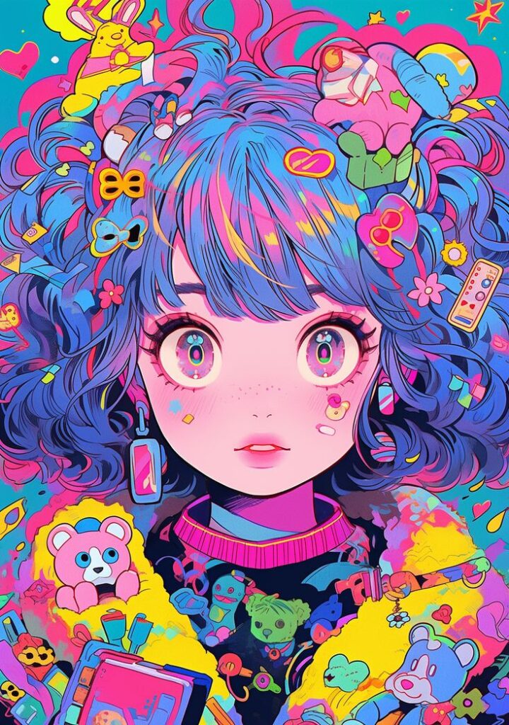 Colorful anime girl with vibrant hair and playful accessories, surrounded by toys and candy-inspired graphics.