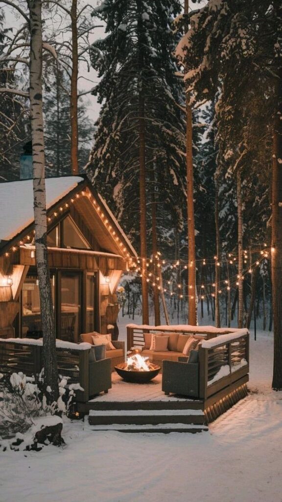 Cozy wooden cabin with string lights and a fire pit on snowy night in a forest setting.