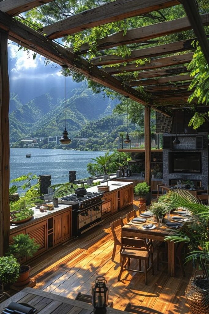 Stunning outdoor kitchen with mountain and lake views, wooden dining area, and lush greenery under a pergola.