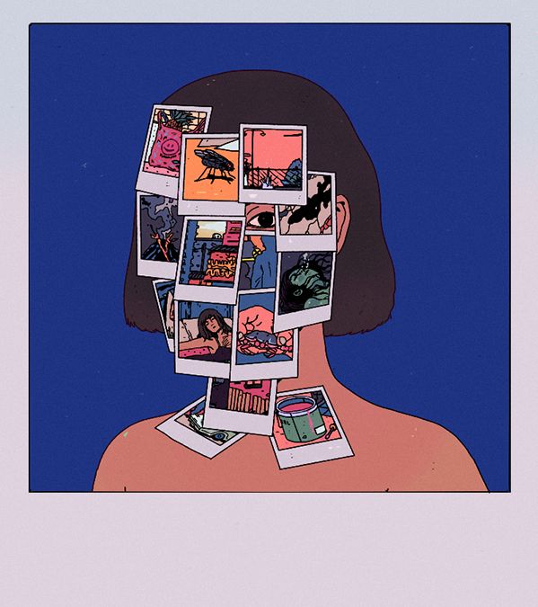 Surreal portrait of a person with polaroid collage face, colorful art against blue background.