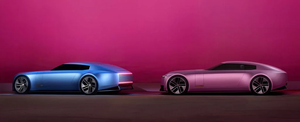 Futuristic blue and pink concept cars against a vibrant pink background.