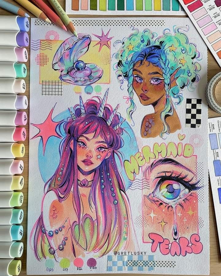 Colorful mermaid-themed art with vibrant illustrations and neon accents, featuring two mermaid characters and an eye design.