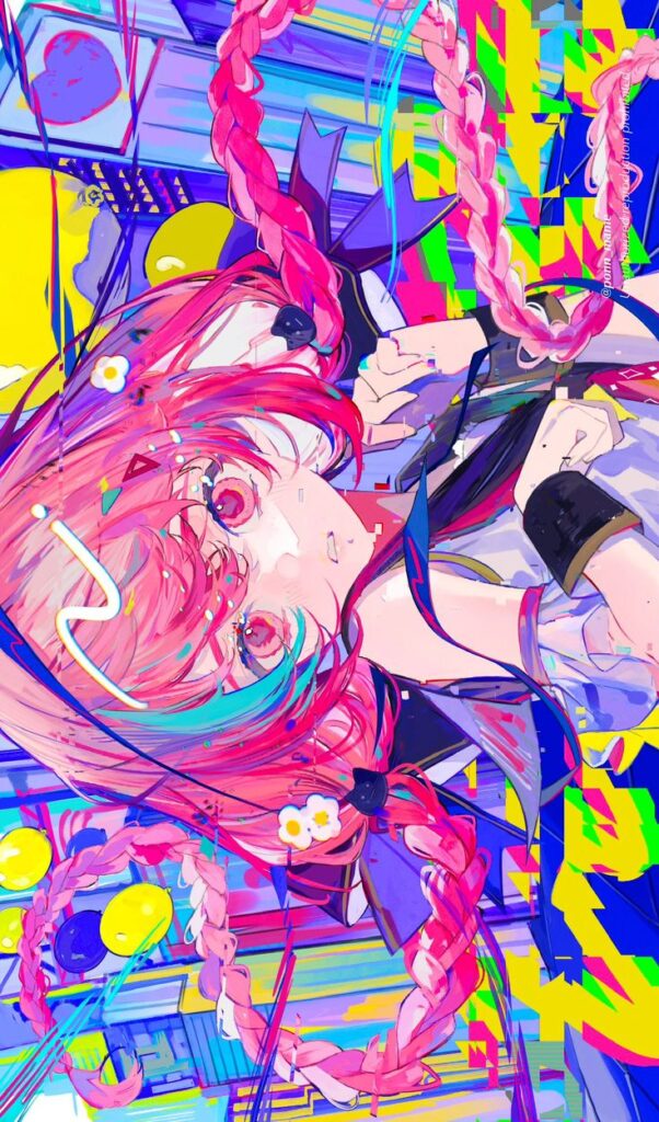 Colorful anime character with pink hair and braids, vibrant geometric background, expressive eyes, and dynamic pose.