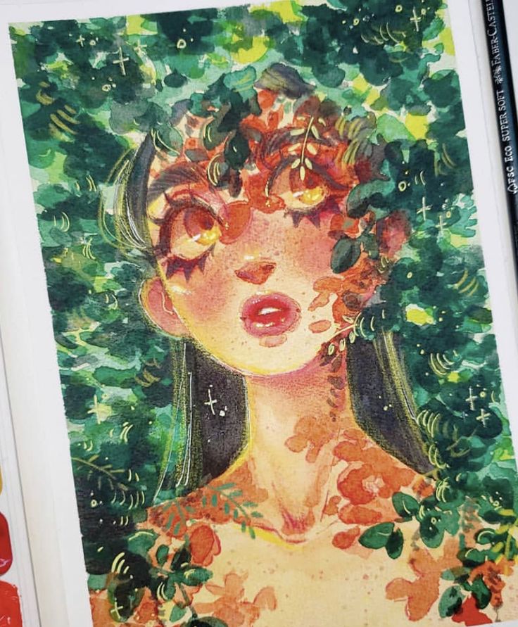 Fantasy portrait of a person surrounded by vibrant foliage, with expressive eyes and colorful leaves blending with the scene.