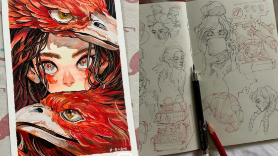 Illustration of a woman with a red bird headdress and adjacent sketchbook with various character drawings.