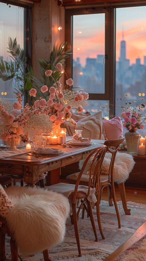 Cozy dining room with floral decor, candles, and city skyline view at sunset through large windows.