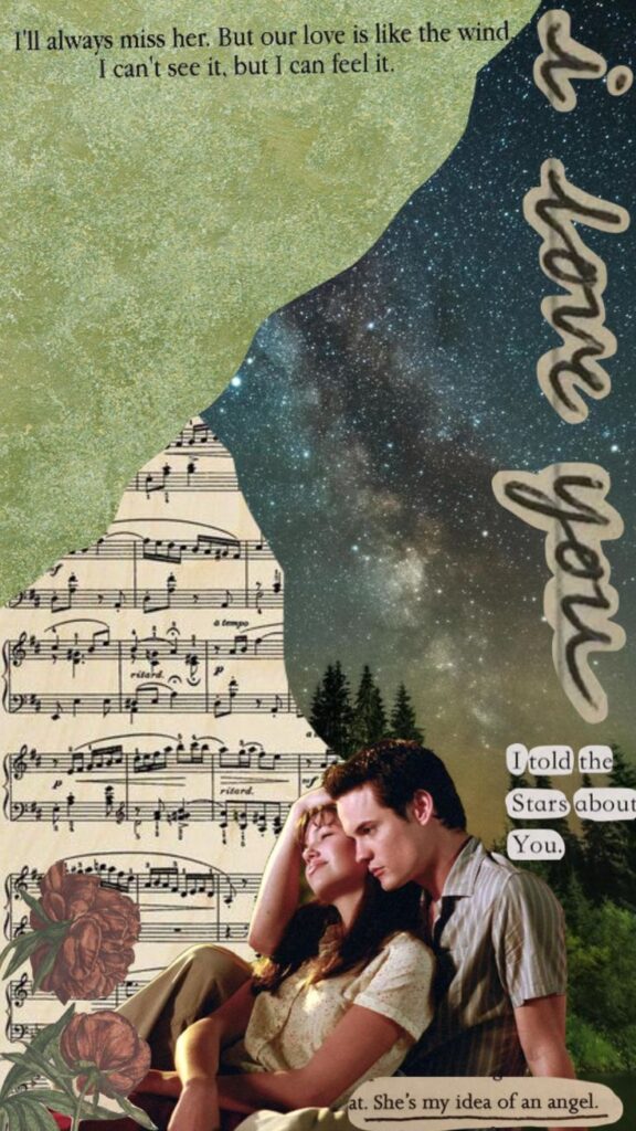 Romantic collage with couple, sheet music, stars, forest, and text quotes about love and missing someone.