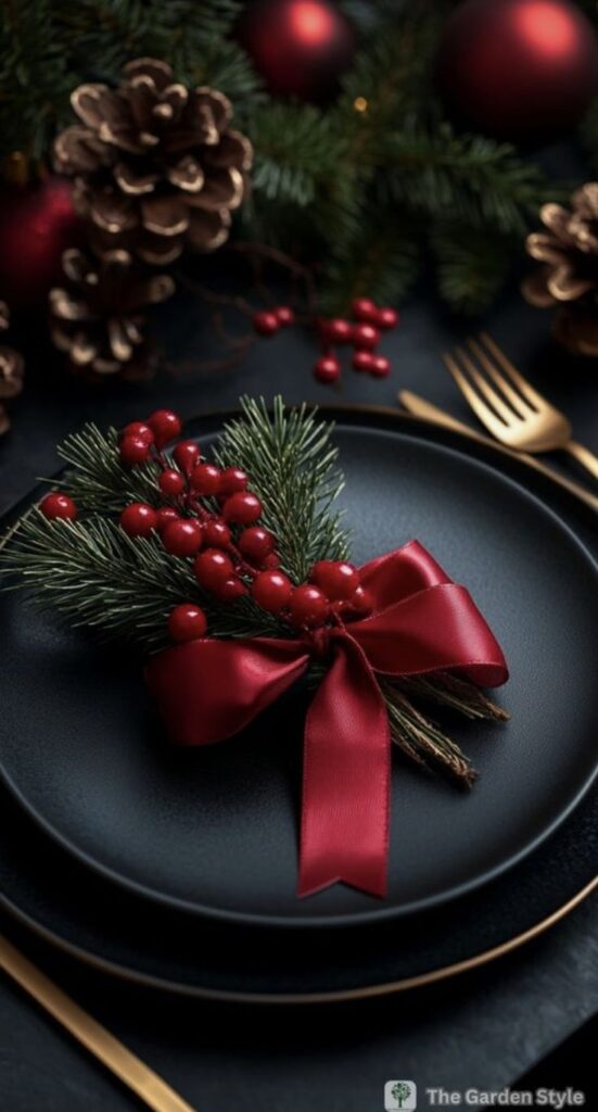 Festive Christmas table setting with pine, red ribbon, berries on black plate. Cozy holiday decor and pinecones.