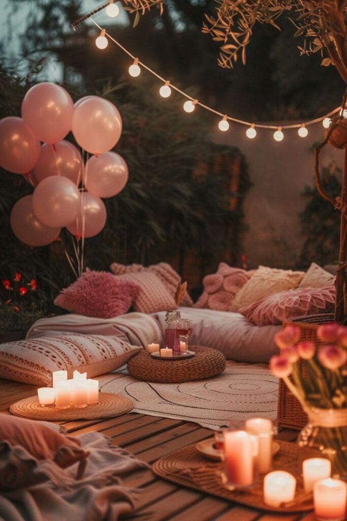 Cozy outdoor seating area with cushions, candles, and pink balloons under string lights at dusk.