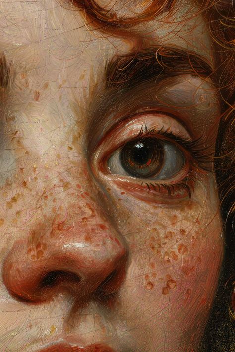 Close-up portrait of a person's freckled skin, focusing on the eye and eyebrow for a hyper-realistic art effect.