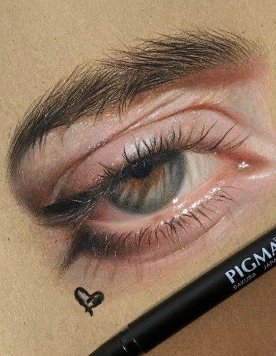 Realistic eye drawing with Sakura Pigma pen, featuring detailed eyelashes and a small heart tattoo.