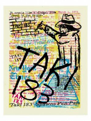 Vintage graffiti art poster with TAKI 183 tag and colorful text overlay, showcasing street art culture.