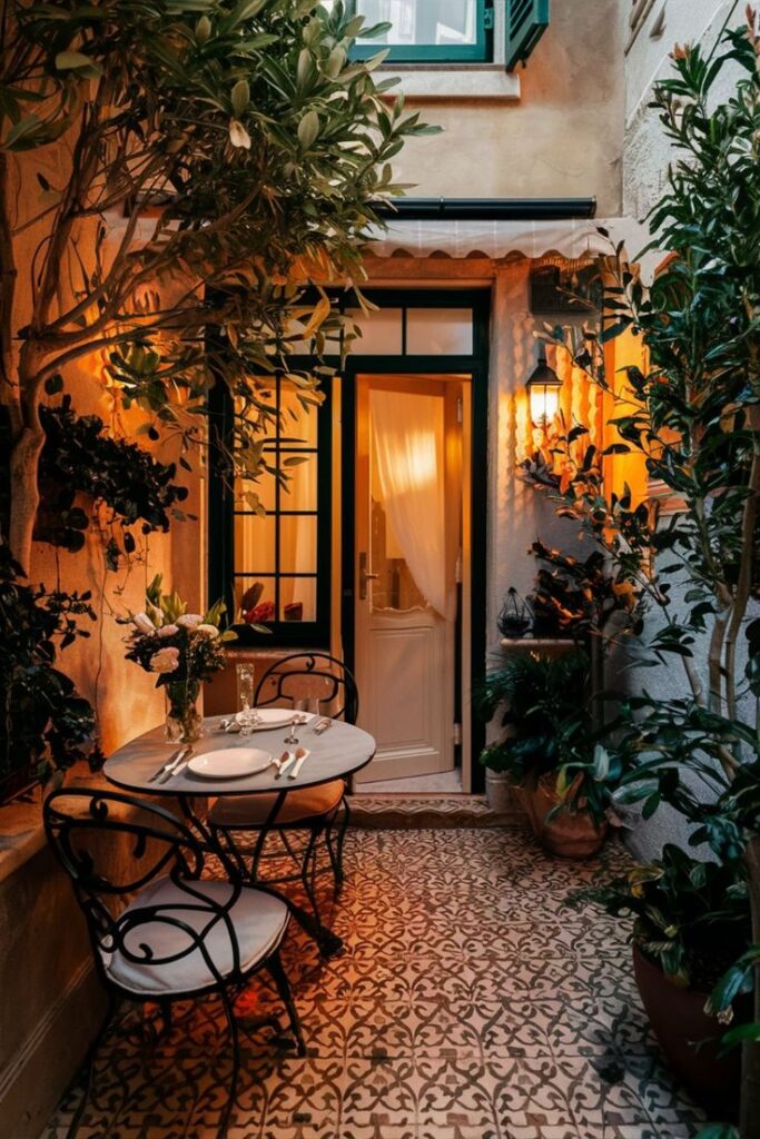 Charming patio cafe with vintage furniture and lush plants, warmly lit for an evening setting.