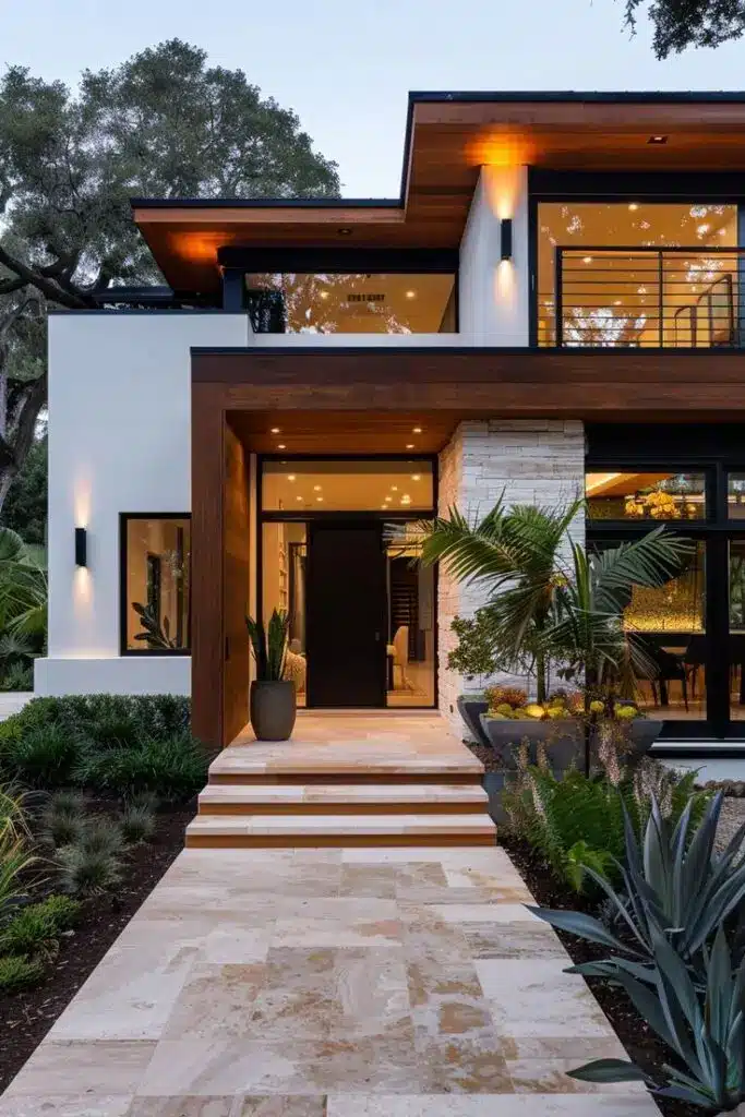 8fec3fd7-d910-4d8e-8d89-57d731bc476c Modern home exterior with warm lighting, large windows, and lush landscaping at dusk. | Sky Rye Design Modern home exterior with warm lighting, large windows, and lush landscaping at dusk.