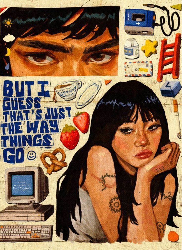 Retro collage art with a contemplative woman, vintage computer, and text But I guess that's just the way things go.