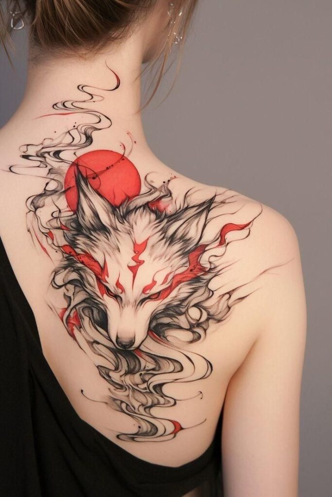 Fantasy fox tattoo in red and black ink on woman's exposed back, featuring a flowing artistic design.