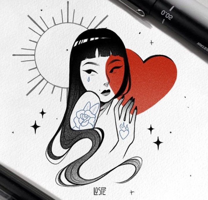 Illustration of a woman with tattoos, surrounded by a red heart and sun motif, with black stars in the background.