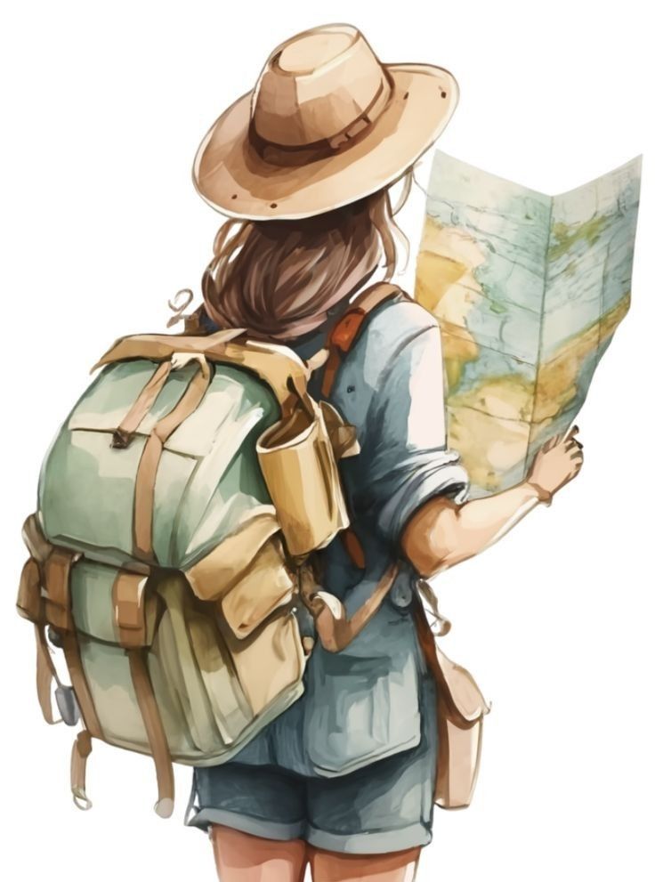 Illustration of a traveler with backpack and hat reading a map, symbolizing adventure and exploration.