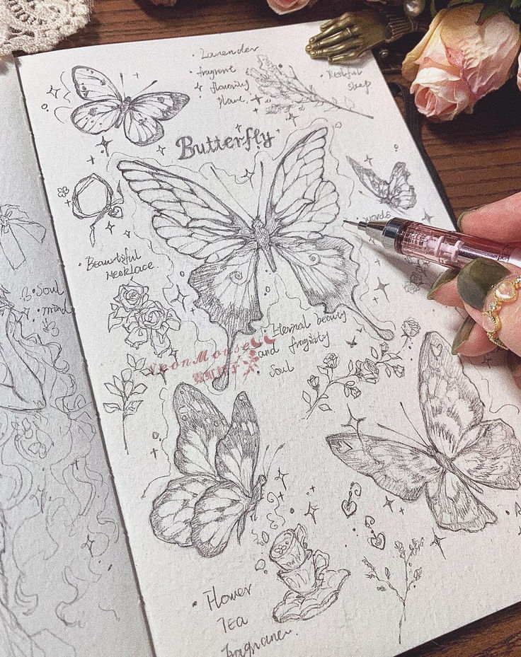 Detailed butterfly sketches in an artistic notebook, surrounded by floral and handwritten elements, with a hand holding a pen.