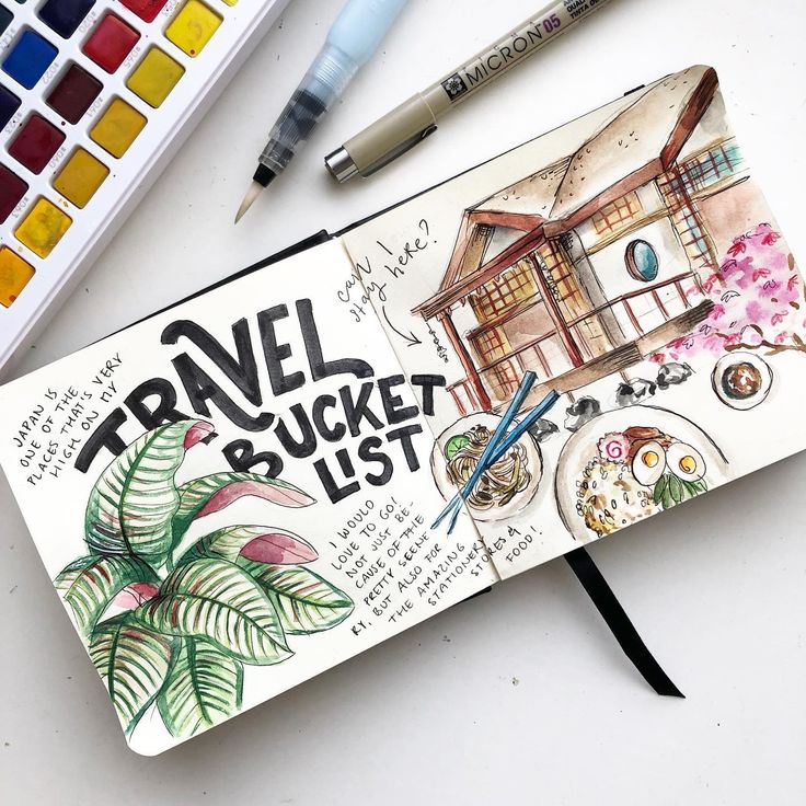 Open travel journal with bucket list sketches of Japan, including a house, noodles, rice dish, and tropical plant.