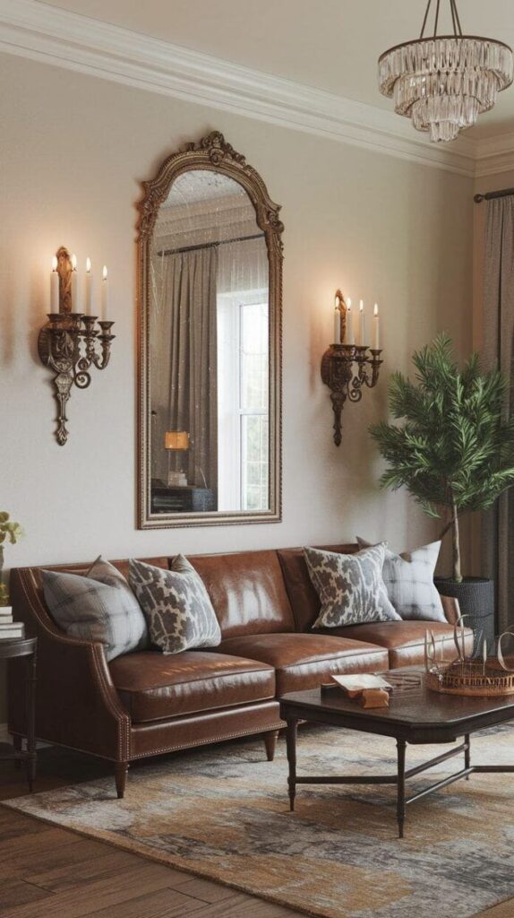 Elegant living room with brown leather sofa, ornate mirror, chandelier, and wall sconces for cozy ambiance.