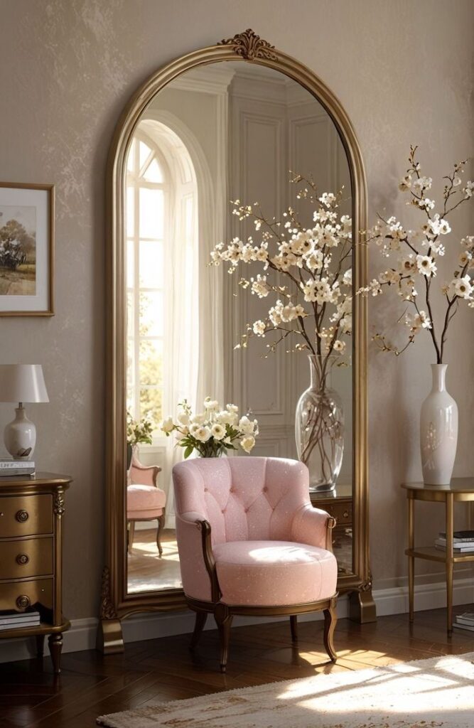 Elegant room with a large mirror, pink chair, white flowers, and gold furniture, capturing a chic, cozy atmosphere.