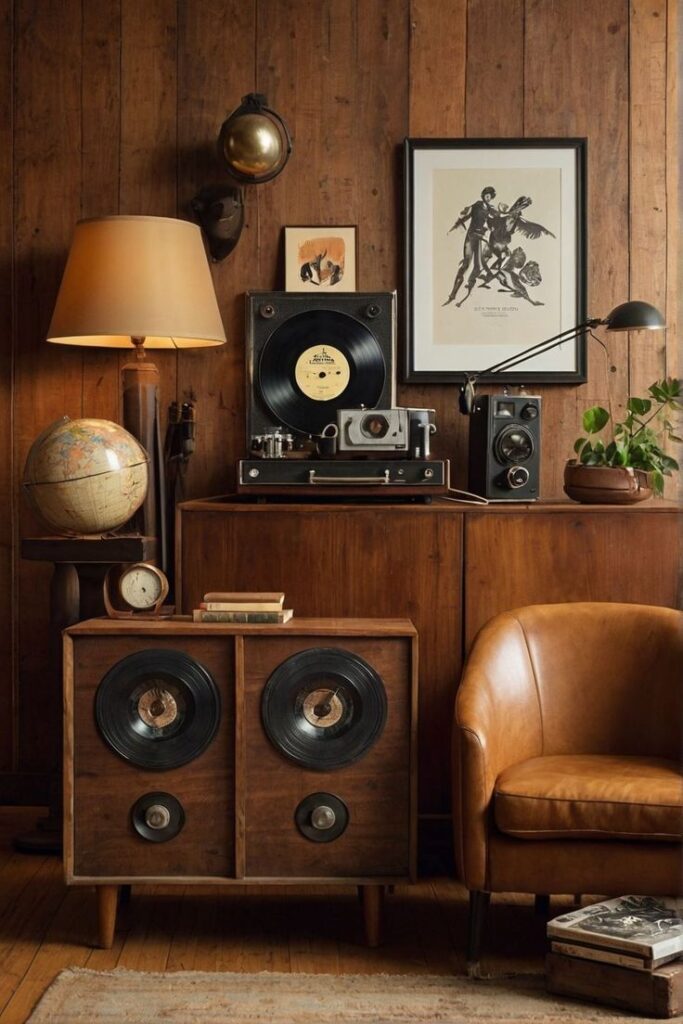 Vintage living room with record player, globe, art, and leather chair, creating a cozy, retro vibe.