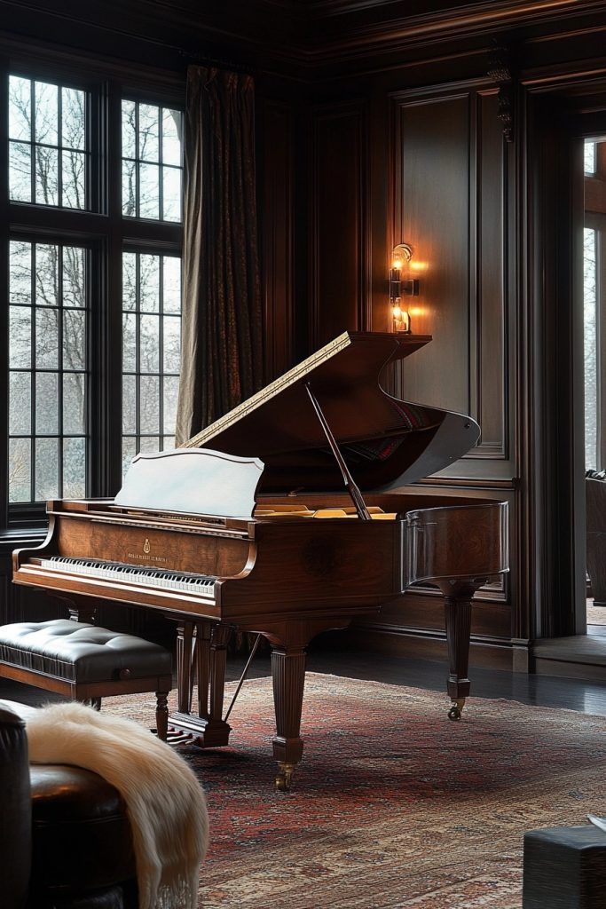 Luxury grand piano in an elegant, dimly lit room with rich wood paneling and soft lighting.