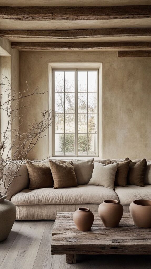 Modern rustic living room with beige sofa, wooden beams, and pottery on wooden table. Cozy natural interior design.