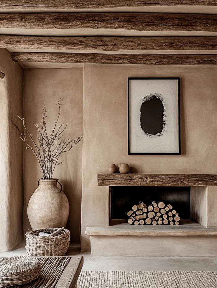 Rustic living room with wooden beams, fireplace, art, vase, and woven basket. Cozy and minimalist decor.