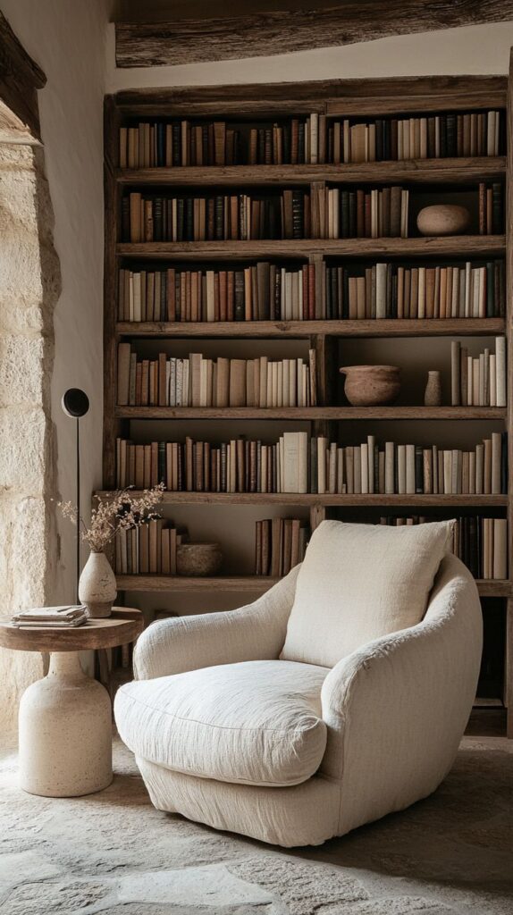 Cozy reading nook with beige armchair, wooden bookshelf filled with books, rustic stone floor, and vase on side table.