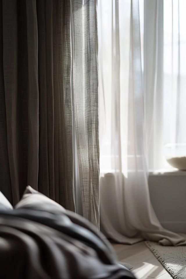 Cozy bedroom with sunlight streaming through sheer curtains and soft blankets on the bed.