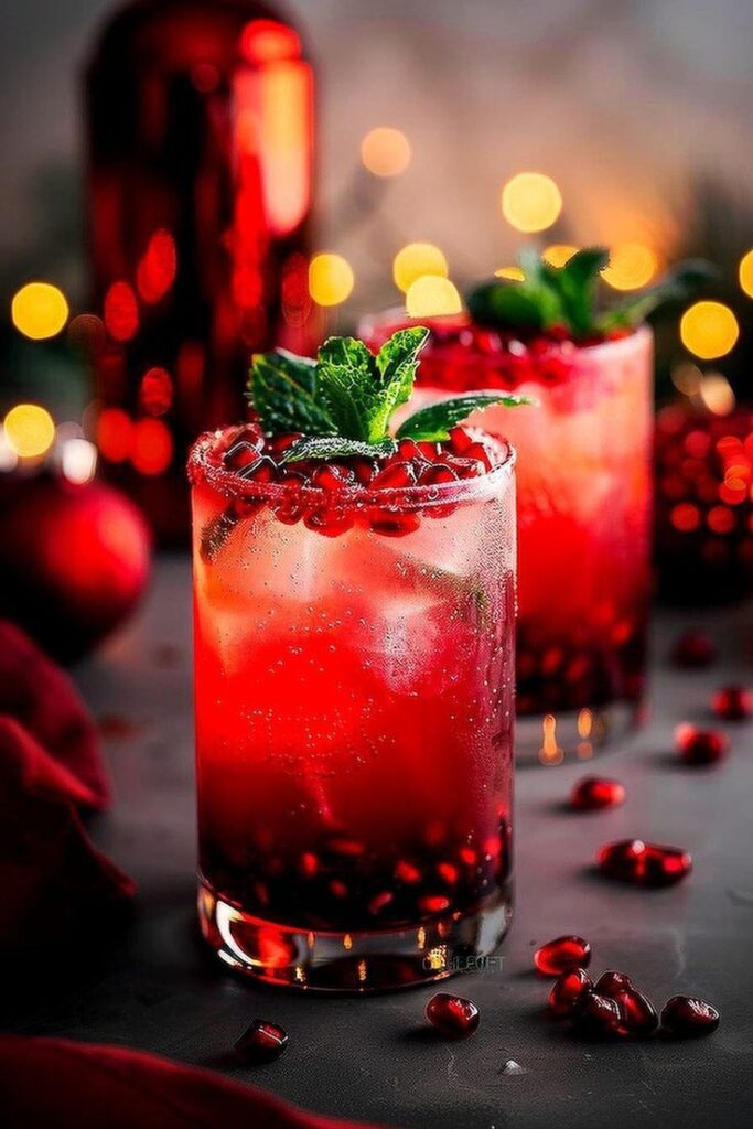 Refreshing red pomegranate cocktail with mint garnish, perfect for festive holidays and celebrations.